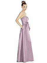 Side View Thumbnail - Suede Rose Basque-Neck Strapless Satin Gown with Mini Sash