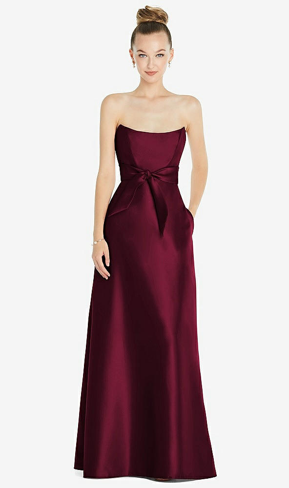 Front View - Cabernet Basque-Neck Strapless Satin Gown with Mini Sash