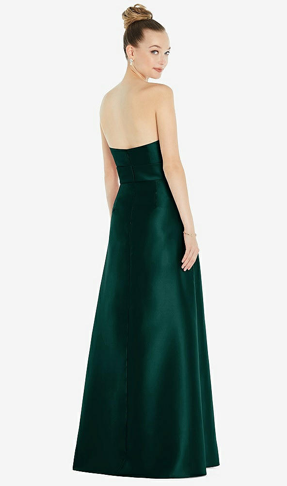 Back View - Evergreen Basque-Neck Strapless Satin Gown with Mini Sash