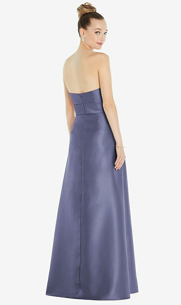 Back View - French Blue Basque-Neck Strapless Satin Gown with Mini Sash