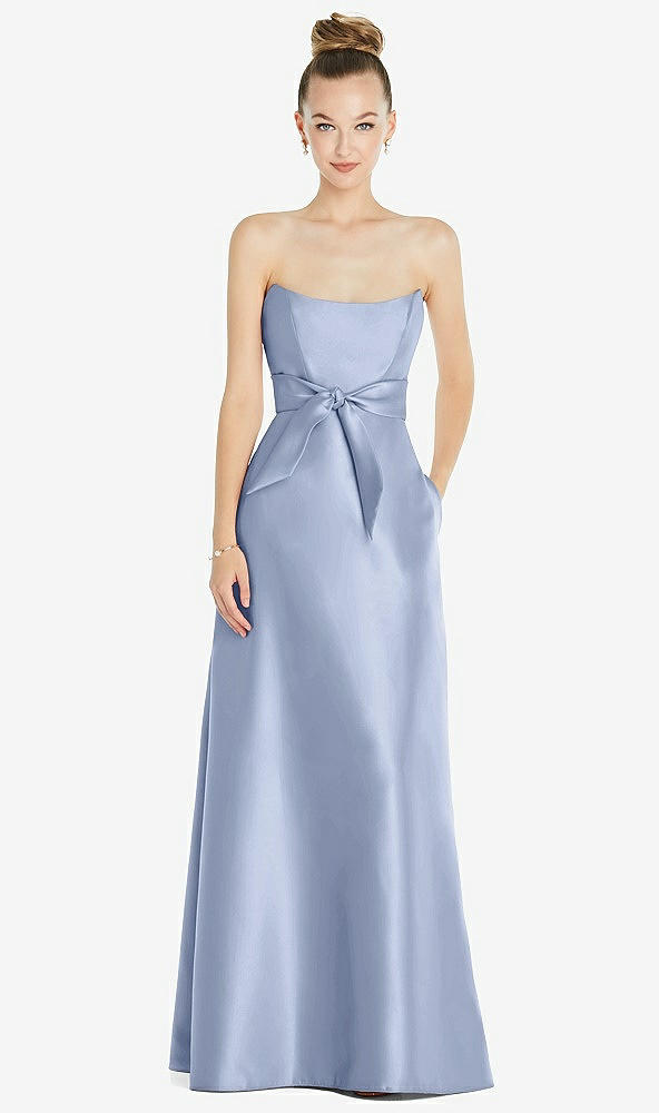 Front View - Sky Blue Basque-Neck Strapless Satin Gown with Mini Sash