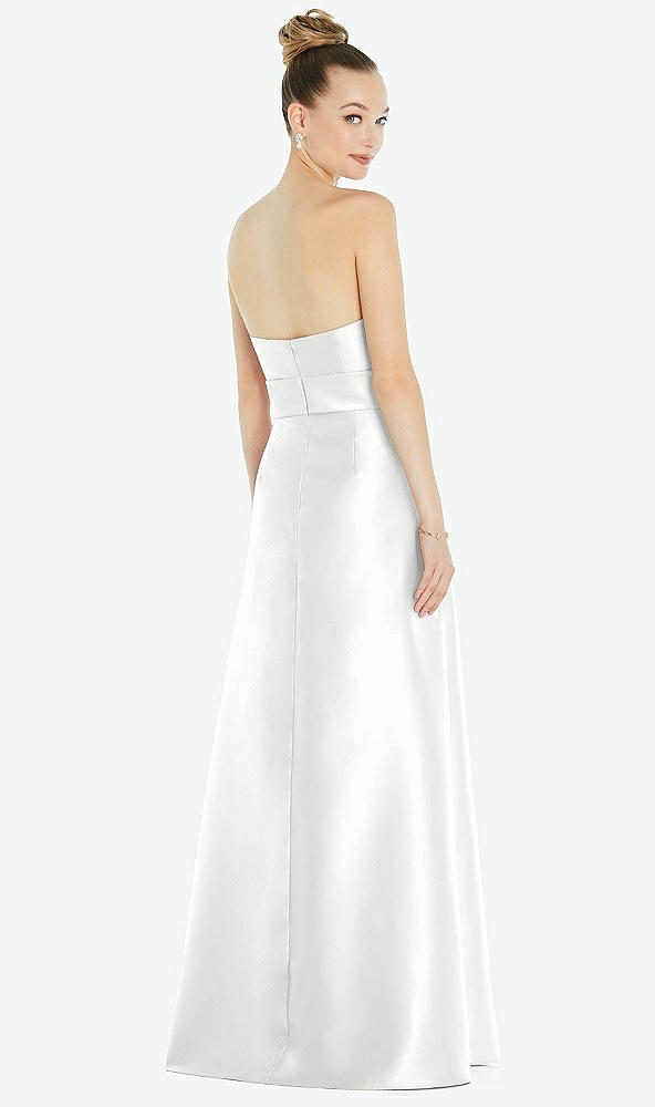 Back View - White Basque-Neck Strapless Satin Gown with Mini Sash