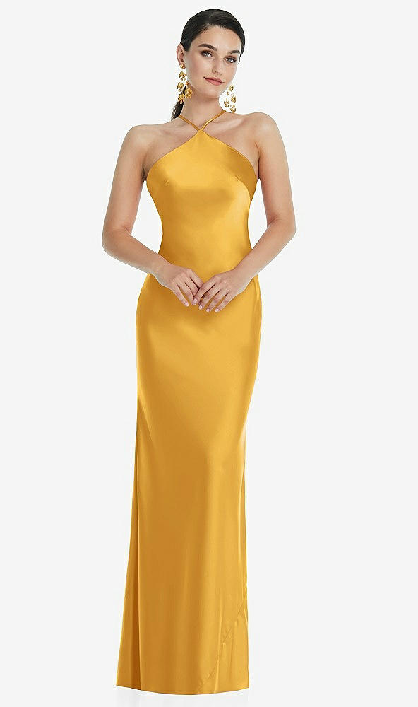 Front View - NYC Yellow Diamond Halter Bias Maxi Slip Dress with Convertible Straps