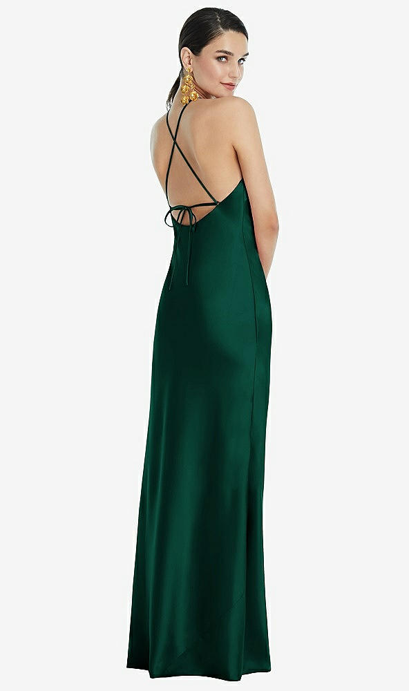Back View - Hunter Green Diamond Halter Bias Maxi Slip Dress with Convertible Straps