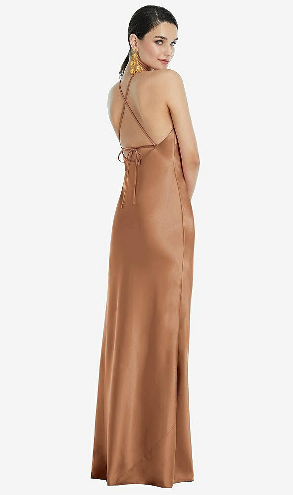 Back View - Toffee Diamond Halter Bias Maxi Slip Dress with Convertible Straps