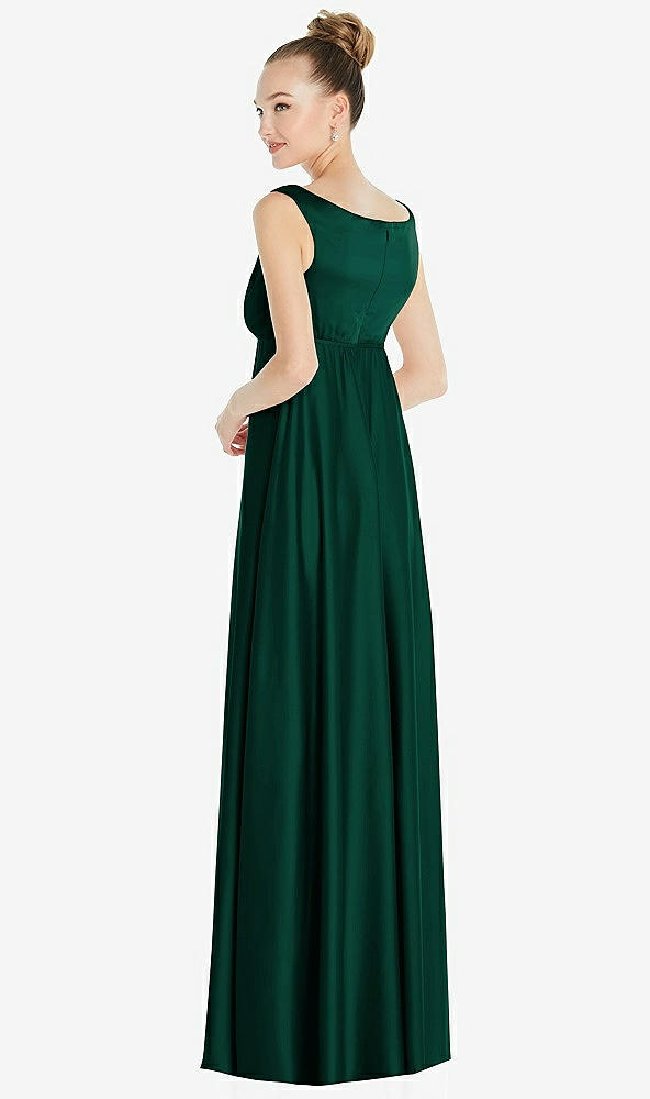 Back View - Hunter Green Convertible Strap Empire Waist Satin Maxi Dress