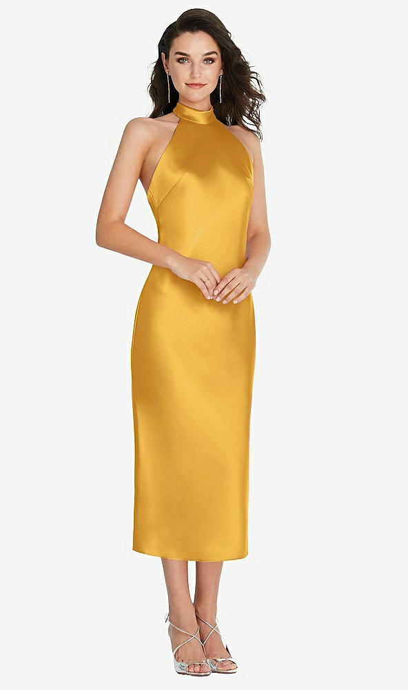 Front View - NYC Yellow Scarf Tie High-Neck Halter Midi Slip Dress