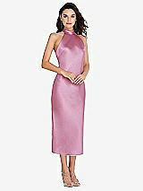 Front View Thumbnail - Powder Pink Scarf Tie High-Neck Halter Midi Slip Dress