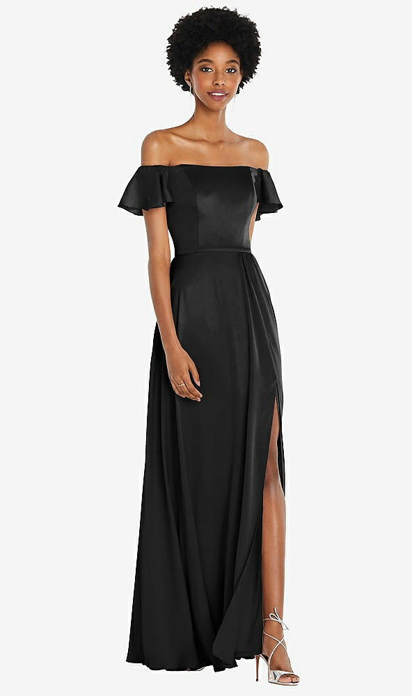Front View - Black Straight-Neck Ruffled Off-the-Shoulder Satin Maxi Dress