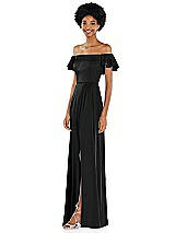 Side View Thumbnail - Black Straight-Neck Ruffled Off-the-Shoulder Satin Maxi Dress