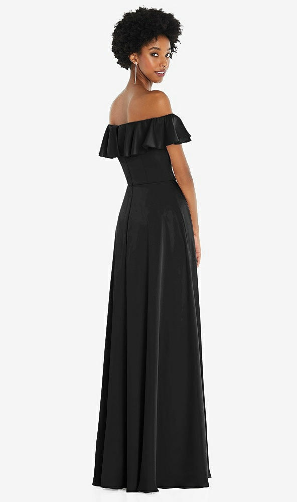 Back View - Black Straight-Neck Ruffled Off-the-Shoulder Satin Maxi Dress
