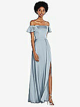Front View Thumbnail - Mist Straight-Neck Ruffled Off-the-Shoulder Satin Maxi Dress