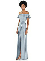 Side View Thumbnail - Mist Straight-Neck Ruffled Off-the-Shoulder Satin Maxi Dress