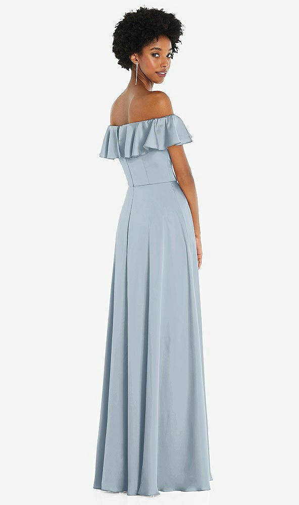 Back View - Mist Straight-Neck Ruffled Off-the-Shoulder Satin Maxi Dress