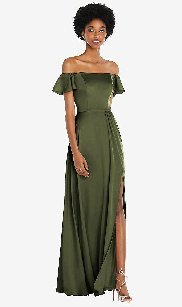 Front View - Olive Green Straight-Neck Ruffled Off-the-Shoulder Satin Maxi Dress