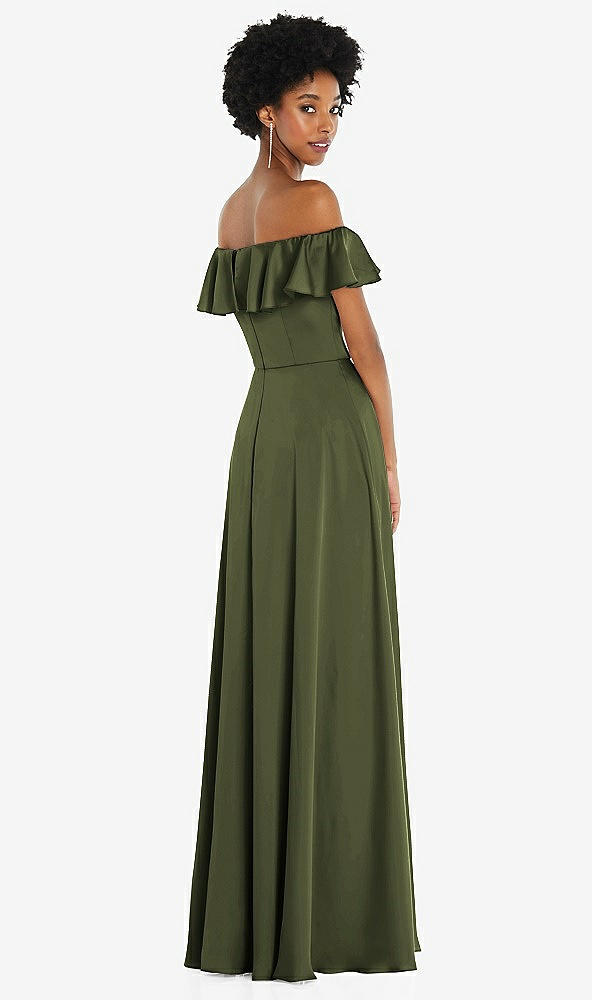 Back View - Olive Green Straight-Neck Ruffled Off-the-Shoulder Satin Maxi Dress