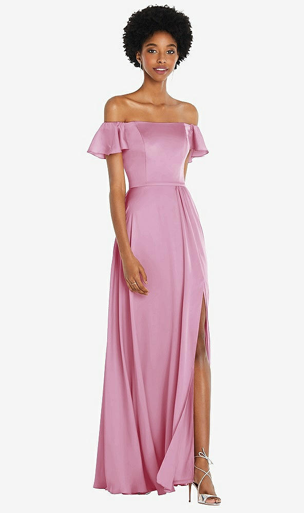 Front View - Powder Pink Straight-Neck Ruffled Off-the-Shoulder Satin Maxi Dress