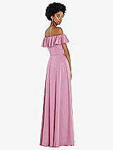 Rear View Thumbnail - Powder Pink Straight-Neck Ruffled Off-the-Shoulder Satin Maxi Dress