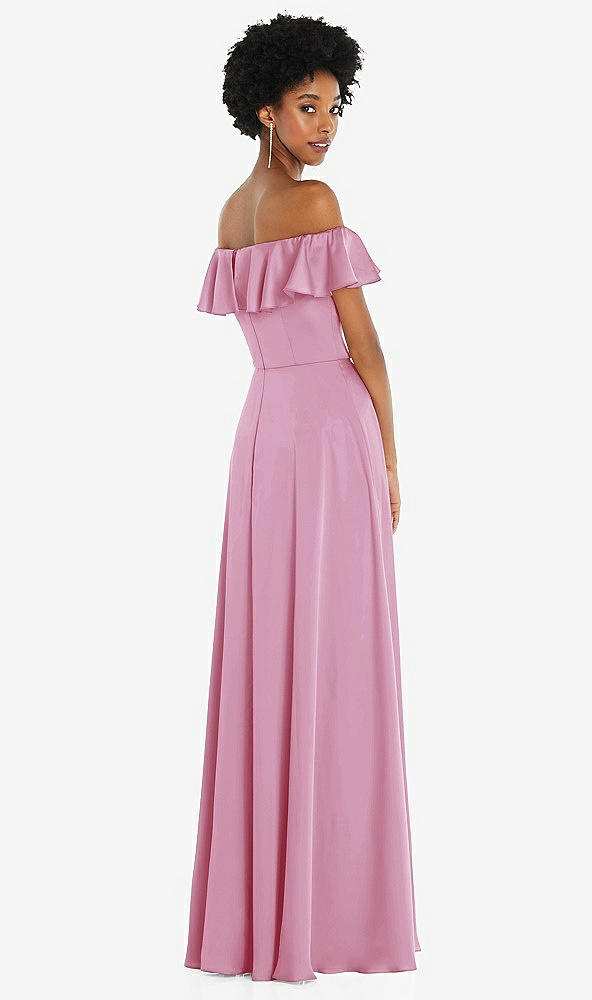 Back View - Powder Pink Straight-Neck Ruffled Off-the-Shoulder Satin Maxi Dress
