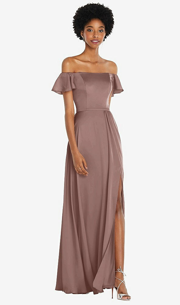 Front View - Sienna Straight-Neck Ruffled Off-the-Shoulder Satin Maxi Dress