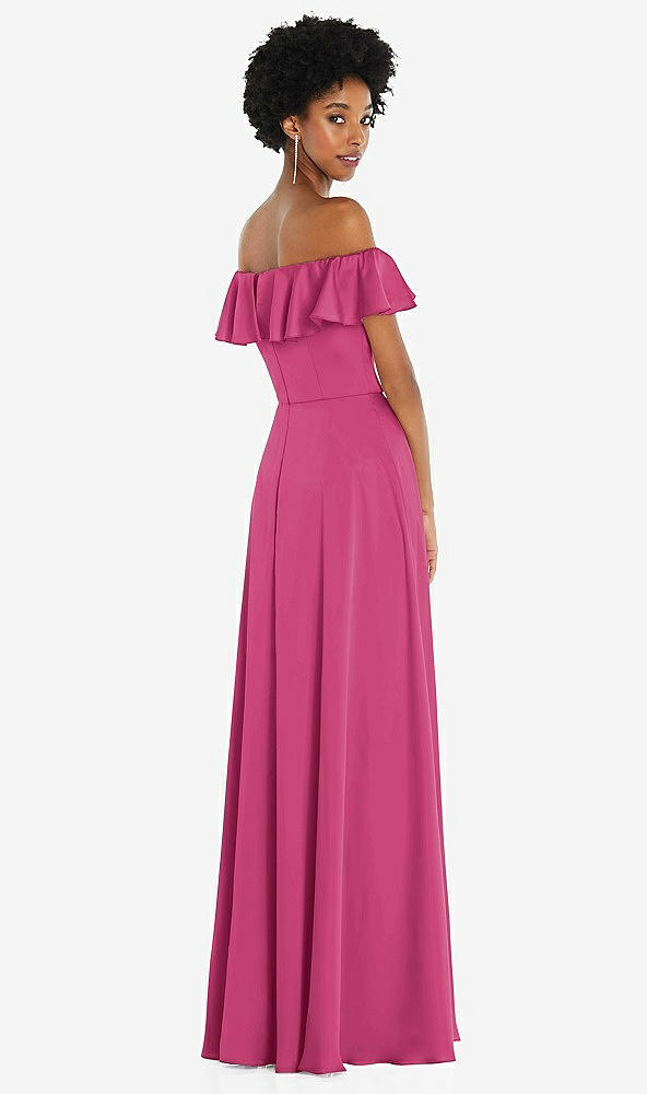 Back View - Tea Rose Straight-Neck Ruffled Off-the-Shoulder Satin Maxi Dress