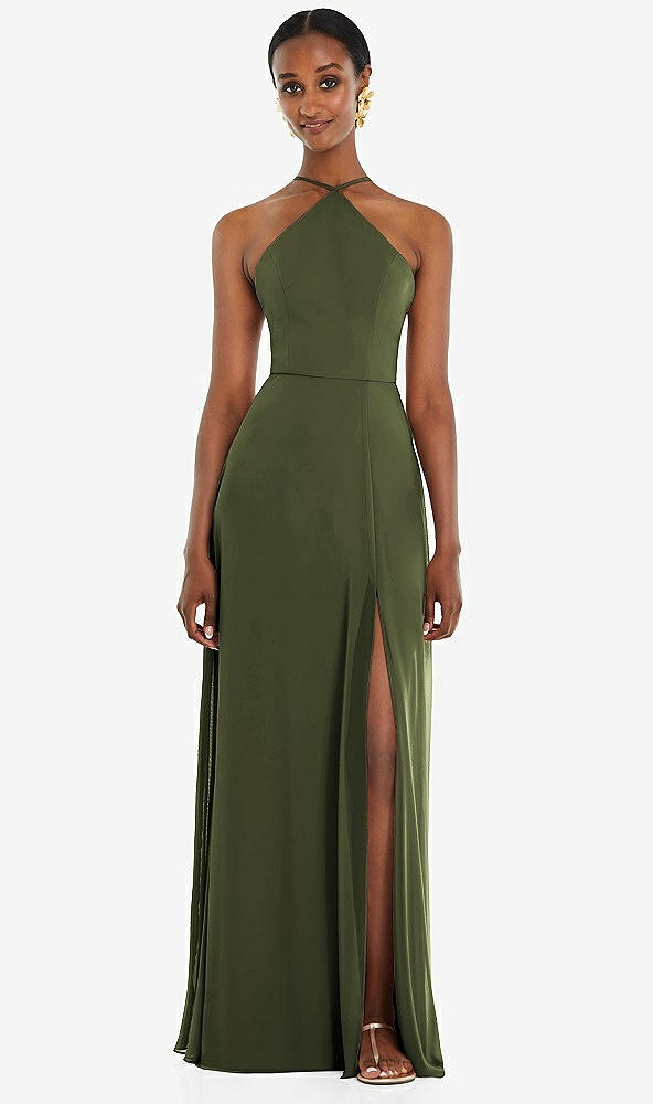 Front View - Olive Green Diamond Halter Maxi Dress with Adjustable Straps