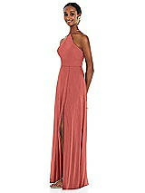 Side View Thumbnail - Coral Pink Diamond Halter Maxi Dress with Adjustable Straps