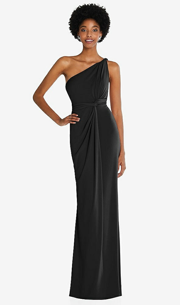 Front View - Black One-Shoulder Twist Draped Maxi Dress
