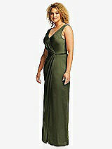 Side View Thumbnail - Olive Green Faux Wrap Whisper Satin Maxi Dress with Draped Tulip Skirt
