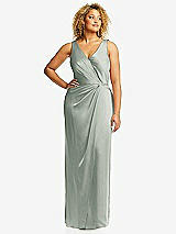 Front View Thumbnail - Willow Green Faux Wrap Whisper Satin Maxi Dress with Draped Tulip Skirt