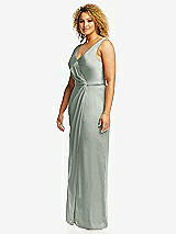 Side View Thumbnail - Willow Green Faux Wrap Whisper Satin Maxi Dress with Draped Tulip Skirt