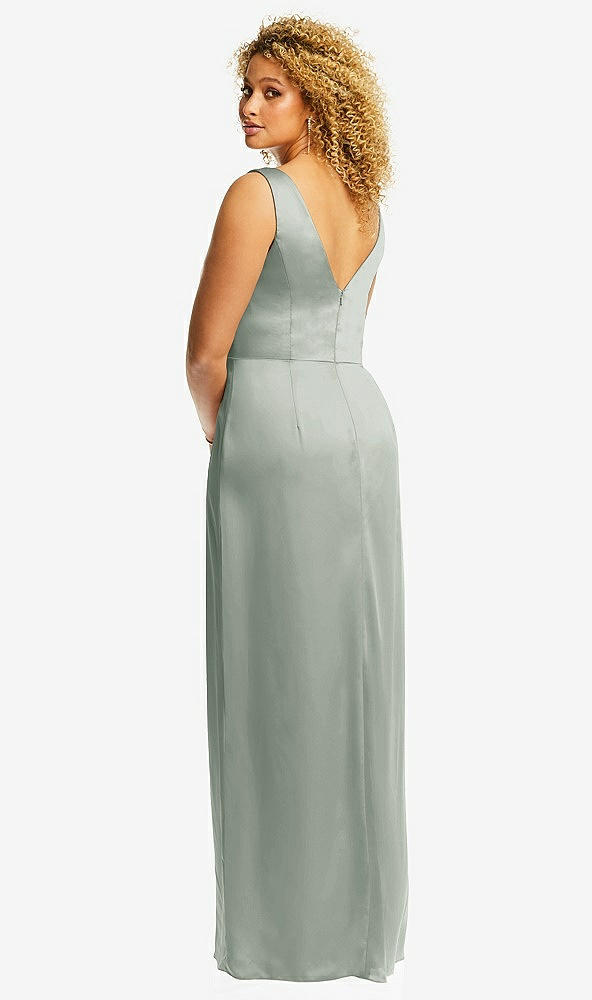 Back View - Willow Green Faux Wrap Whisper Satin Maxi Dress with Draped Tulip Skirt
