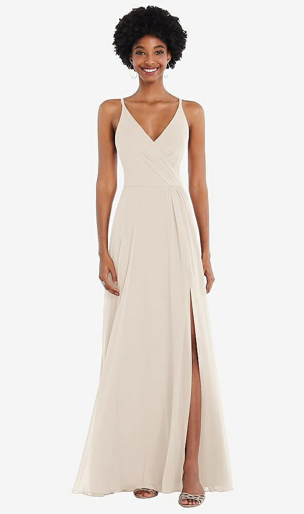 Front View - Oat Faux Wrap Criss Cross Back Maxi Dress with Adjustable Straps
