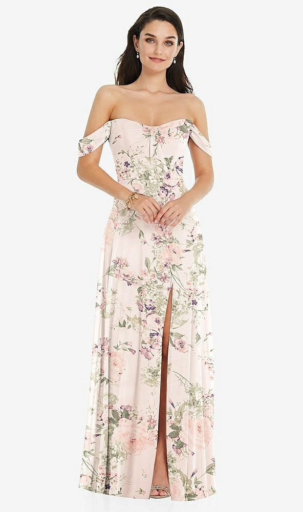 Front View - Blush Garden Off-the-Shoulder Draped Sleeve Maxi Dress with Front Slit