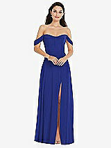 Front View Thumbnail - Cobalt Blue Off-the-Shoulder Draped Sleeve Maxi Dress with Front Slit