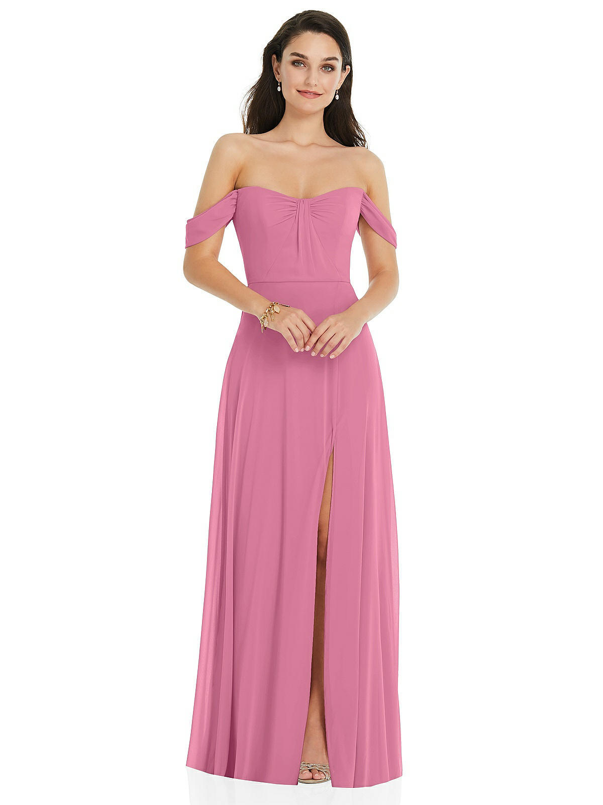 Off-the-shoulder Draped Sleeve Maxi Bridesmaid Dress With Front 