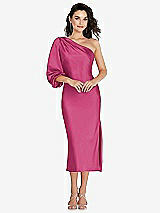 Front View Thumbnail - Tea Rose One-Shoulder Puff Sleeve Midi Bias Dress with Side Slit