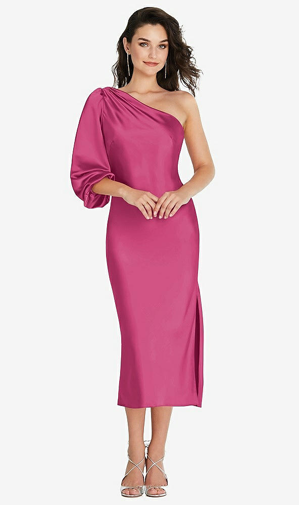 Front View - Tea Rose One-Shoulder Puff Sleeve Midi Bias Dress with Side Slit