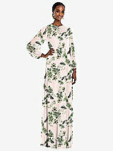 Front View Thumbnail - Palm Beach Print Strapless Chiffon Maxi Dress with Puff Sleeve Blouson Overlay 