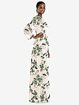 Side View Thumbnail - Palm Beach Print Strapless Chiffon Maxi Dress with Puff Sleeve Blouson Overlay 