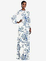 Front View Thumbnail - Cottage Rose Dusk Blue Strapless Chiffon Maxi Dress with Puff Sleeve Blouson Overlay 