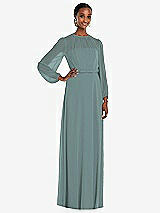 Front View Thumbnail - Icelandic Strapless Chiffon Maxi Dress with Puff Sleeve Blouson Overlay 