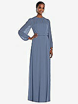 Front View Thumbnail - Larkspur Blue Strapless Chiffon Maxi Dress with Puff Sleeve Blouson Overlay 
