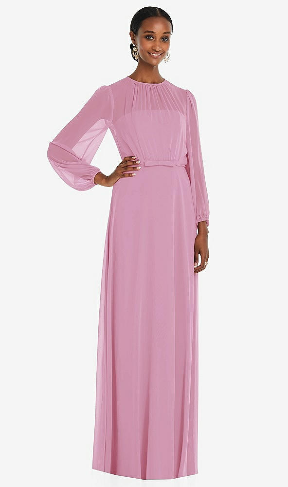 Front View - Powder Pink Strapless Chiffon Maxi Dress with Puff Sleeve Blouson Overlay 