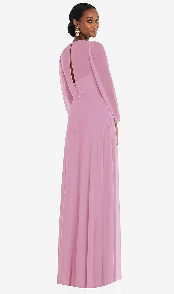 Back View - Powder Pink Strapless Chiffon Maxi Dress with Puff Sleeve Blouson Overlay 