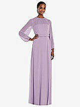 Front View Thumbnail - Pale Purple Strapless Chiffon Maxi Dress with Puff Sleeve Blouson Overlay 