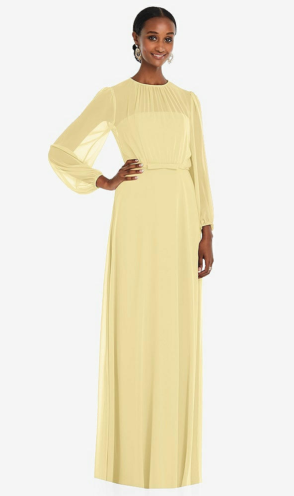 Front View - Pale Yellow Strapless Chiffon Maxi Dress with Puff Sleeve Blouson Overlay 