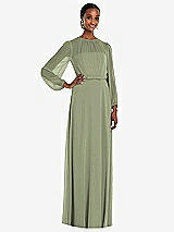 Front View Thumbnail - Sage Strapless Chiffon Maxi Dress with Puff Sleeve Blouson Overlay 