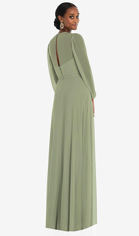 Back View - Sage Strapless Chiffon Maxi Dress with Puff Sleeve Blouson Overlay 