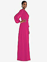 Side View Thumbnail - Think Pink Strapless Chiffon Maxi Dress with Puff Sleeve Blouson Overlay 